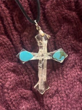 Hand Crafted Clear Cross Pendant with Turquoise Accents